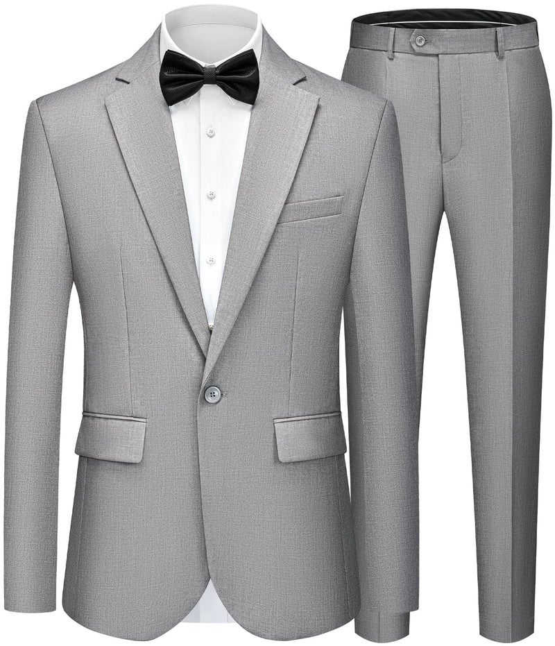 WEEN CHARM Mens Suits Slim Fit 2 Piece Wedding Tuxedo One Button Prom Party Solid Blazer Trousers Suit Set Light Grey - Image 1